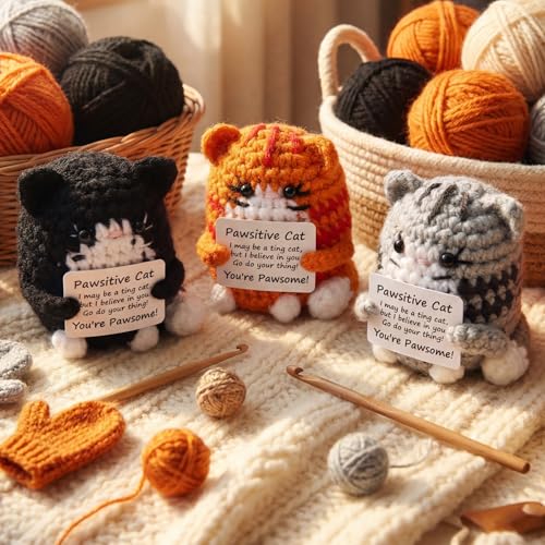 VercanMonth 3 Pcs Positive Cat Crochet Gifts Mini Emotional Cheer up Support Animals Cats Bulk Handmade Motivational Animals Birthday Gifts for Employee Social Worker Volunteer Friends Mothers Day - Image 5