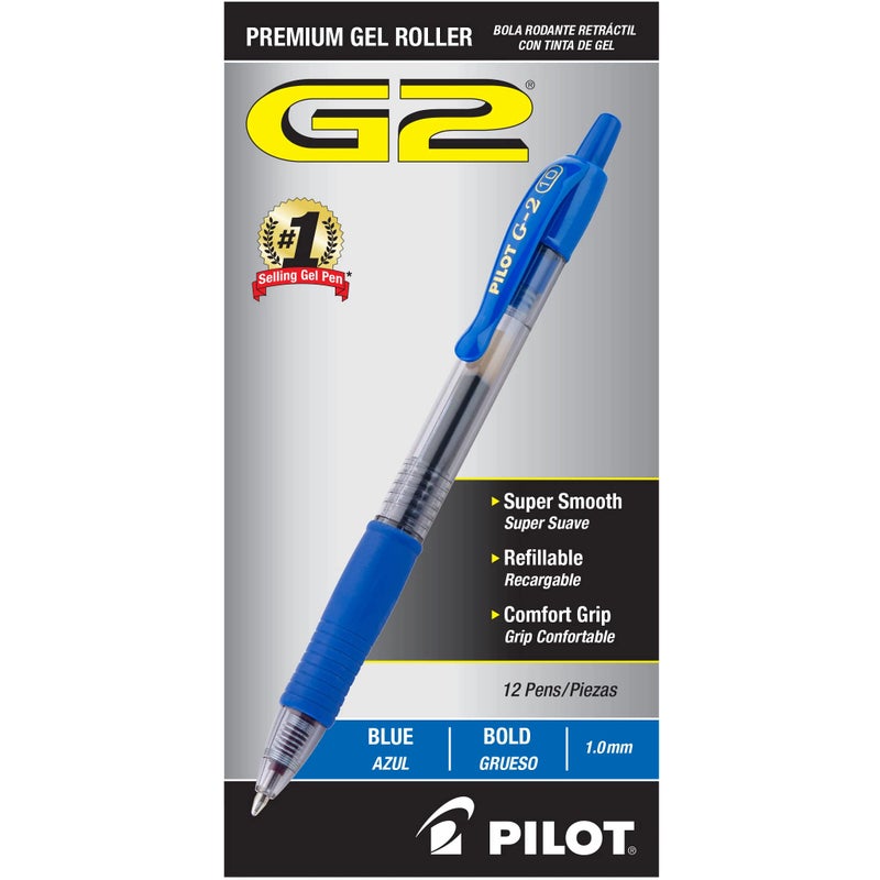 Pilot G2 Premium Gel Roller Pens, Bold Point 1 mm, Blue Ink Pens Bold Point, Pack of 12 - Ideal for School, Journaling, and Office Writing - Image 1