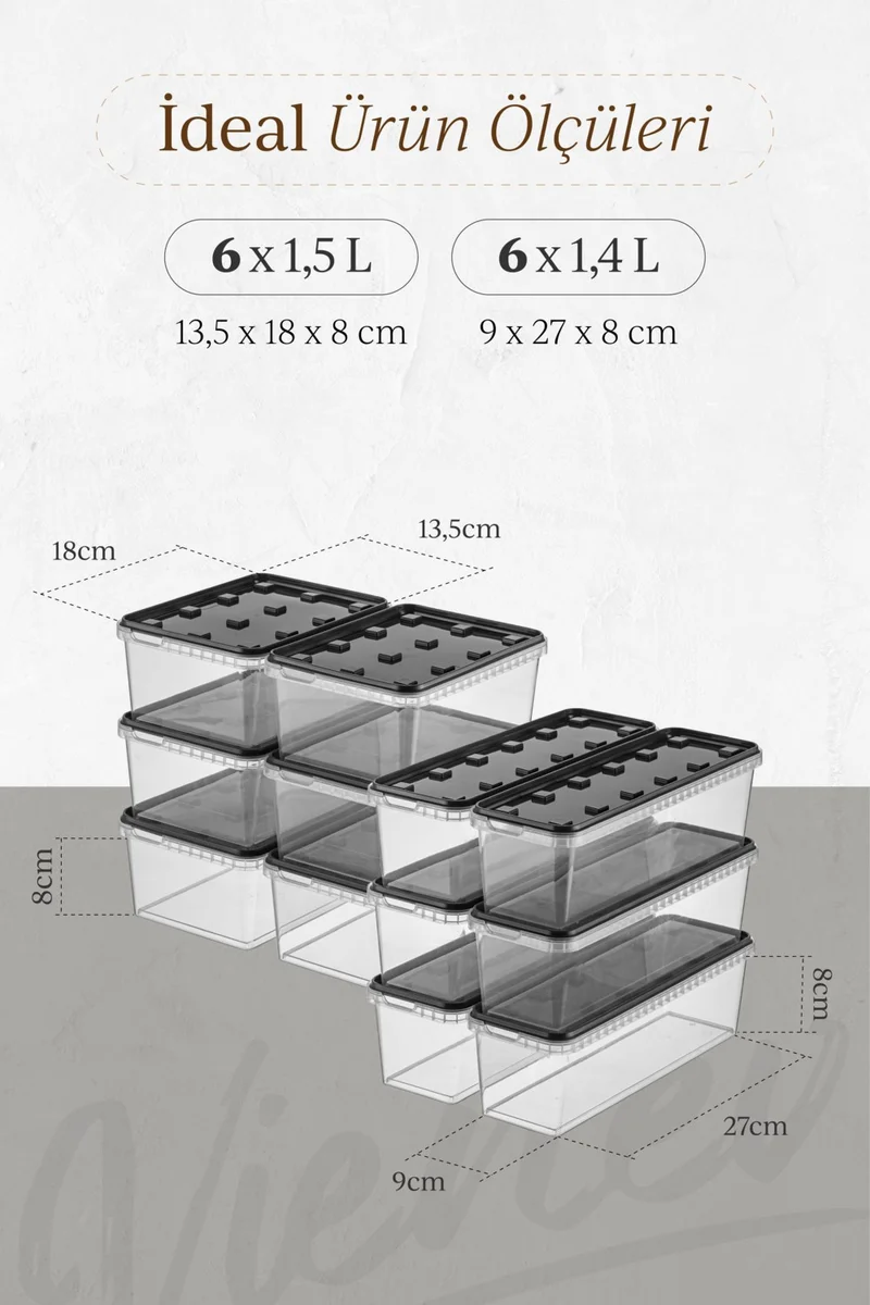 Vienev 12LI 6x(1.5-1.4 Lt) Block Refrigerator and Deep Freezer Leakproof Storage Container Anthracite