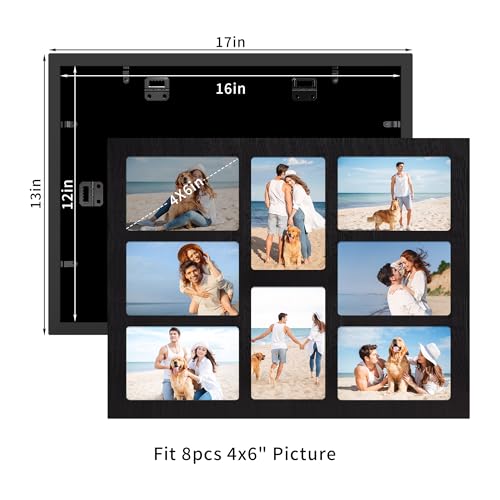 YESKAY 4x6 Collage Picture Frame 8 Opening 4 x 6 Photo Frames DisplayMultiple Family Photo Collage Frames with Real Glass for Wall DecorRustic Black 1 PackOD13X17in - Image 3