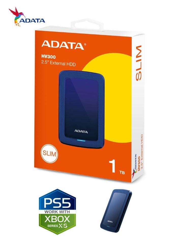 ADATA - HV300 1TB External HDD Slim Hard Drive | Compatible with PS5 XBOX for Superfast Gaming Fast Data Transfer | Blue - Image 1