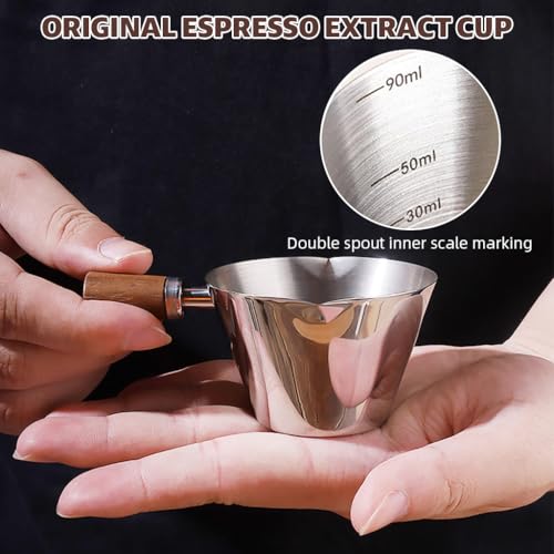 Supvox® 90ml Espresso Coffee Cup Brushed Stainless Steel Wooden Handle Measuring Cup Dual-way V-nozzle Design Kitchen Measuring Cup Small Oil Pot - Image 4