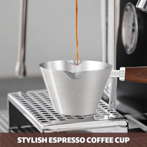 Supvox® 90ml Espresso Coffee Cup Brushed Stainless Steel Wooden Handle Measuring Cup Dual-way V-nozzle Design Kitchen Measuring Cup Small Oil Pot - Image 5