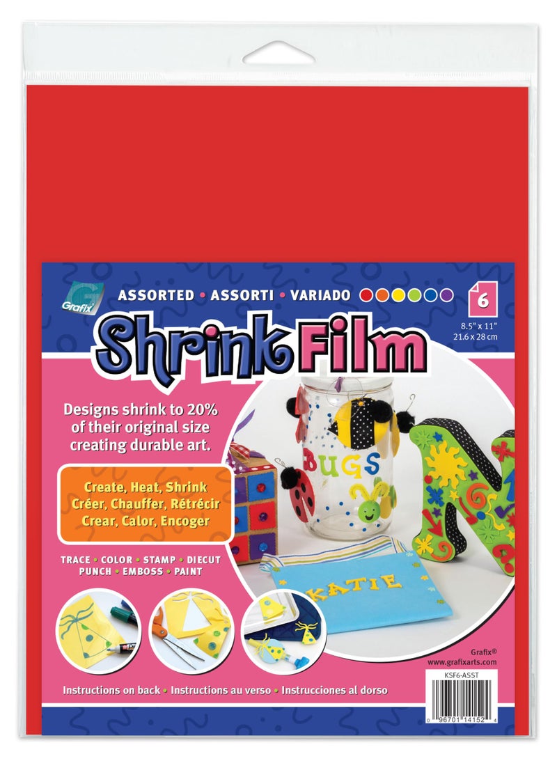 Grafix Shrink Film Assorted Bright Opaque Colors 85x11 Sheets Design Your Art and Shrink It to Create Jewelry Embellishments Paper Crafts Gift Tags Ornaments and More Pack of 6