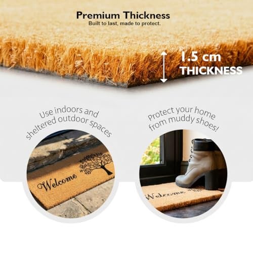ATMAH Tree Welcome Coir Door Mat 120 x 40 cm Runner | Anti Slip PVC Backing | Dirt Trapper Entrance Mat | Indoor & Covered Outdoor Use | Natural - Image 3