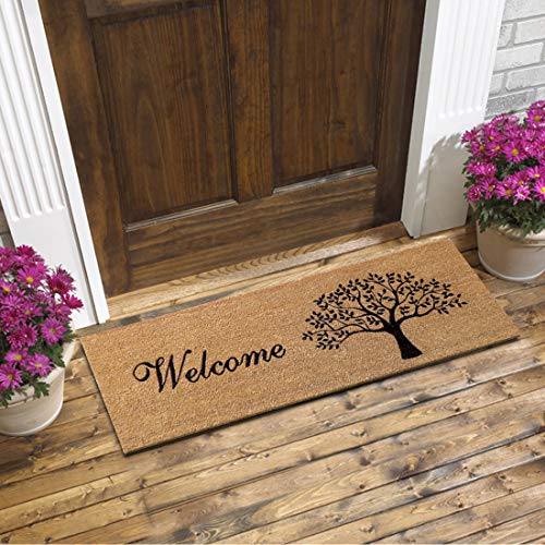 ATMAH Tree Welcome Coir Door Mat 120 x 40 cm Runner | Anti Slip PVC Backing | Dirt Trapper Entrance Mat | Indoor & Covered Outdoor Use | Natural - Image 1
