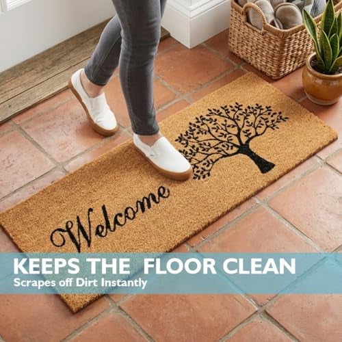 ATMAH Tree Welcome Coir Door Mat 120 x 40 cm Runner | Anti Slip PVC Backing | Dirt Trapper Entrance Mat | Indoor & Covered Outdoor Use | Natural - Image 2