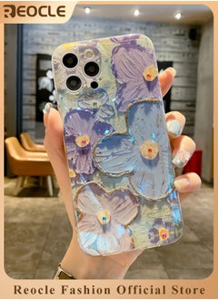REOCLE Phone Case for iPhone 13 14 Colorful Retro Oil Painting Printed Flower Laser Beam Glossy Pattern Cute Curly Waves Border Exquisite Phone Cover Stylish Durable Protective Case for Girls  - Image 1