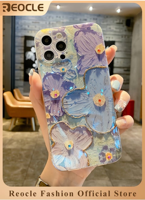 Phone Case for iPhone 13 14 Colorful Retro Oil Painting Printed Flower Laser Beam Glossy Pattern Cute Curly Waves Border Exquisite Phone Cover Stylish Durable Protective Case for Girls