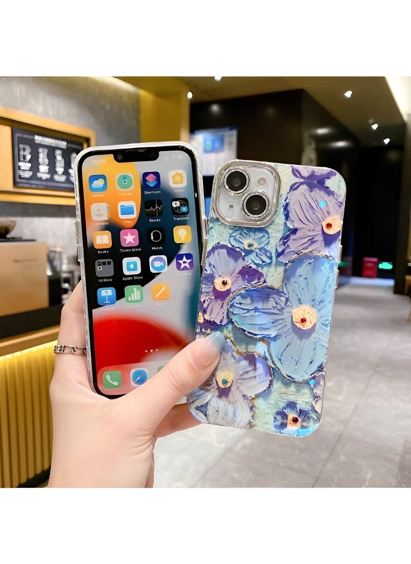 Phone Case for iPhone 13 14 Colorful Retro Oil Painting Printed Flower Laser Beam Glossy Pattern Cute Curly Waves Border Exquisite Phone Cover Stylish Durable Protective Case for Girls