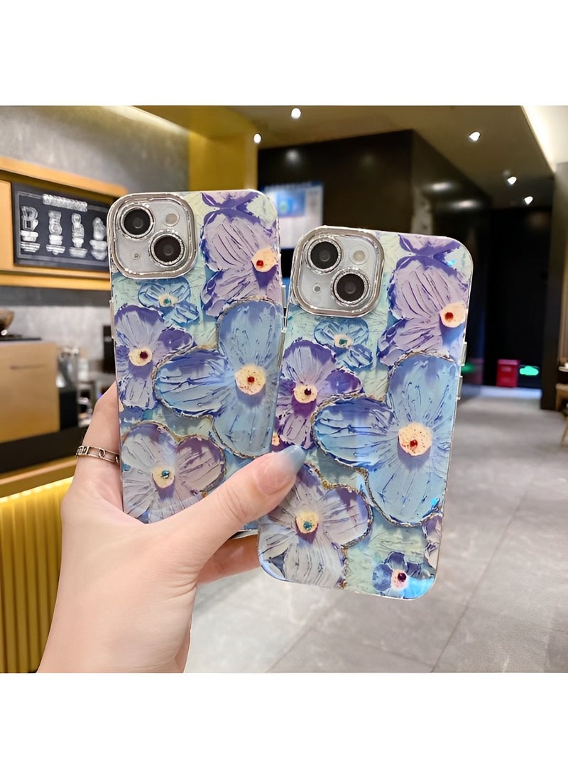 Phone Case for iPhone 13 14 Colorful Retro Oil Painting Printed Flower Laser Beam Glossy Pattern Cute Curly Waves Border Exquisite Phone Cover Stylish Durable Protective Case for Girls