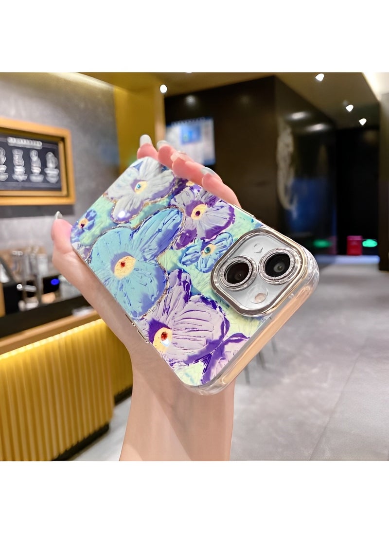 Phone Case for iPhone 13 14 Colorful Retro Oil Painting Printed Flower Laser Beam Glossy Pattern Cute Curly Waves Border Exquisite Phone Cover Stylish Durable Protective Case for Girls