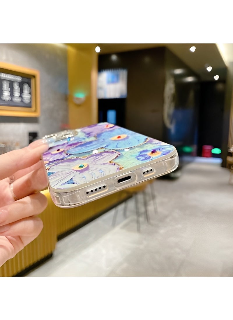 Phone Case for iPhone 13 14 Colorful Retro Oil Painting Printed Flower Laser Beam Glossy Pattern Cute Curly Waves Border Exquisite Phone Cover Stylish Durable Protective Case for Girls