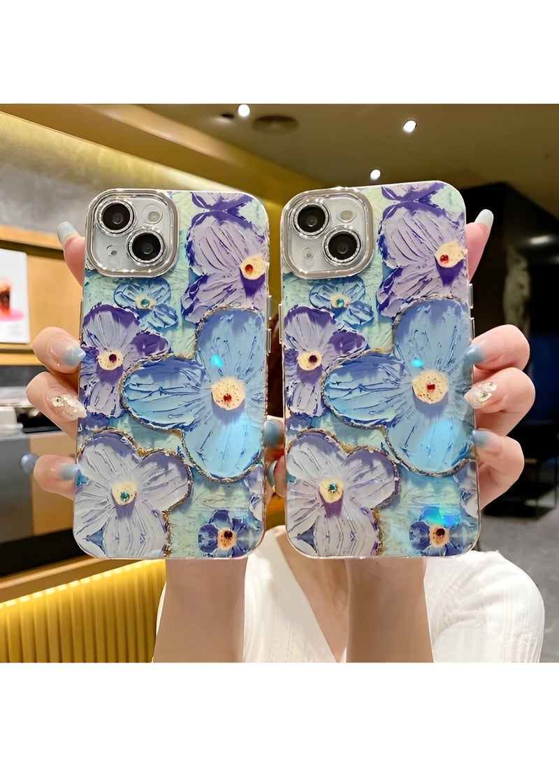 Phone Case for iPhone 13 14 Colorful Retro Oil Painting Printed Flower Laser Beam Glossy Pattern Cute Curly Waves Border Exquisite Phone Cover Stylish Durable Protective Case for Girls