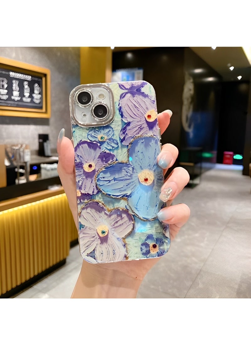 Phone Case for iPhone 13 14 Colorful Retro Oil Painting Printed Flower Laser Beam Glossy Pattern Cute Curly Waves Border Exquisite Phone Cover Stylish Durable Protective Case for Girls
