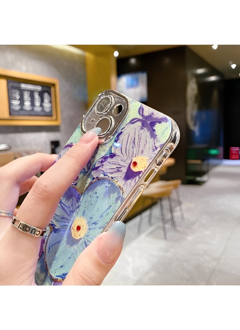 Phone Case for iPhone 13 14 Colorful Retro Oil Painting Printed Flower Laser Beam Glossy Pattern Cute Curly Waves Border Exquisite Phone Cover Stylish Durable Protective Case for Girls