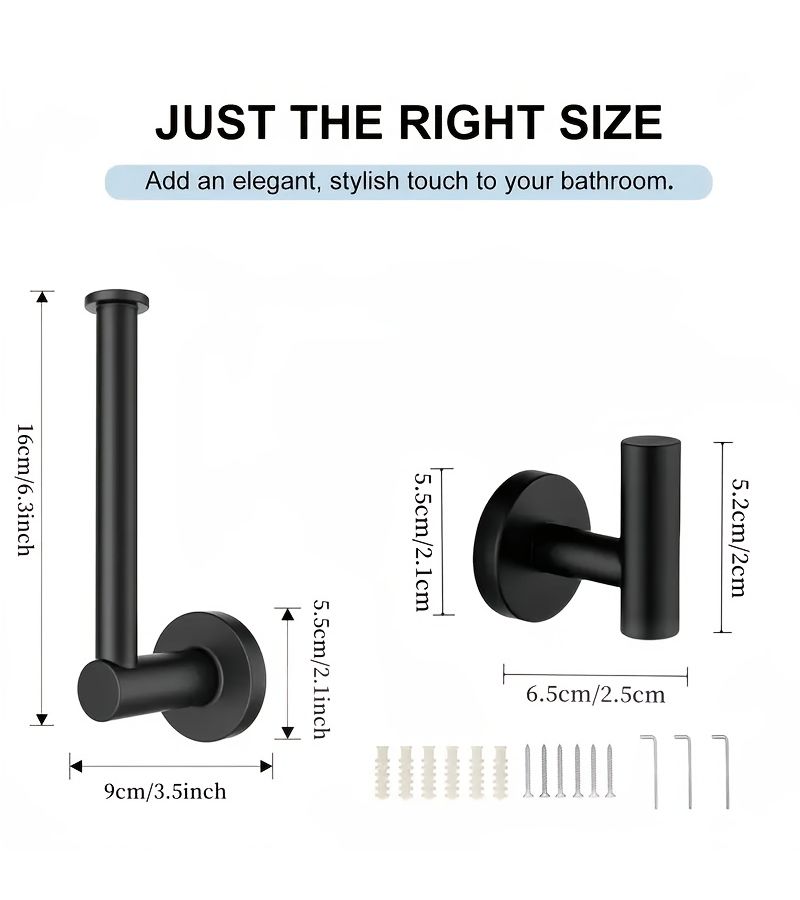 Black 3 Piece Bathroom Hardware Set Stainless Steel Towel Holder Toilet Paper Storage - Image 2