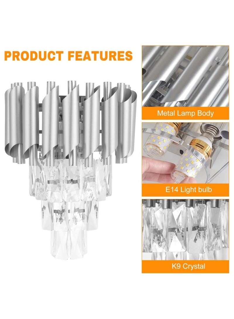 أس بي مصباح حائط كريستالي عصري، مصباح حائط كريستالي E14 بثلاث طبقات، مصباح حائط داخلي LED فضي، ديكور إضاءة داخلية لغرفة المعيشة وغرفة النوم وغرفة الطعام والممر - Image 2