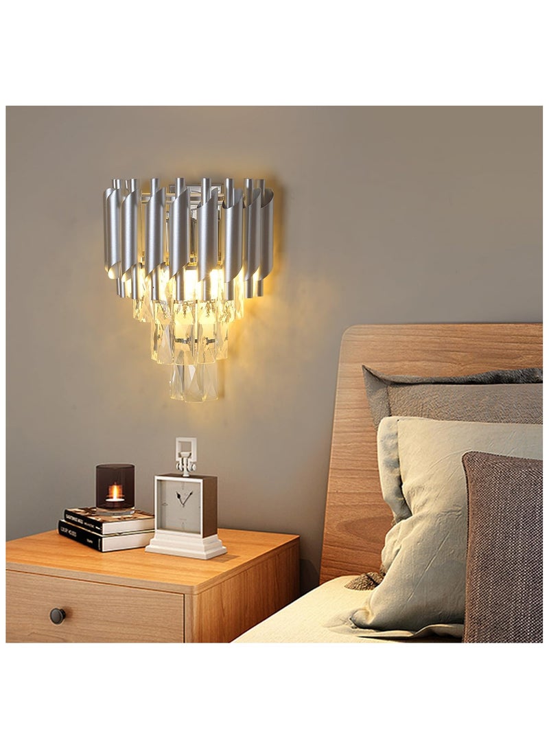 أس بي مصباح حائط كريستالي عصري، مصباح حائط كريستالي E14 بثلاث طبقات، مصباح حائط داخلي LED فضي، ديكور إضاءة داخلية لغرفة المعيشة وغرفة النوم وغرفة الطعام والممر - Image 5