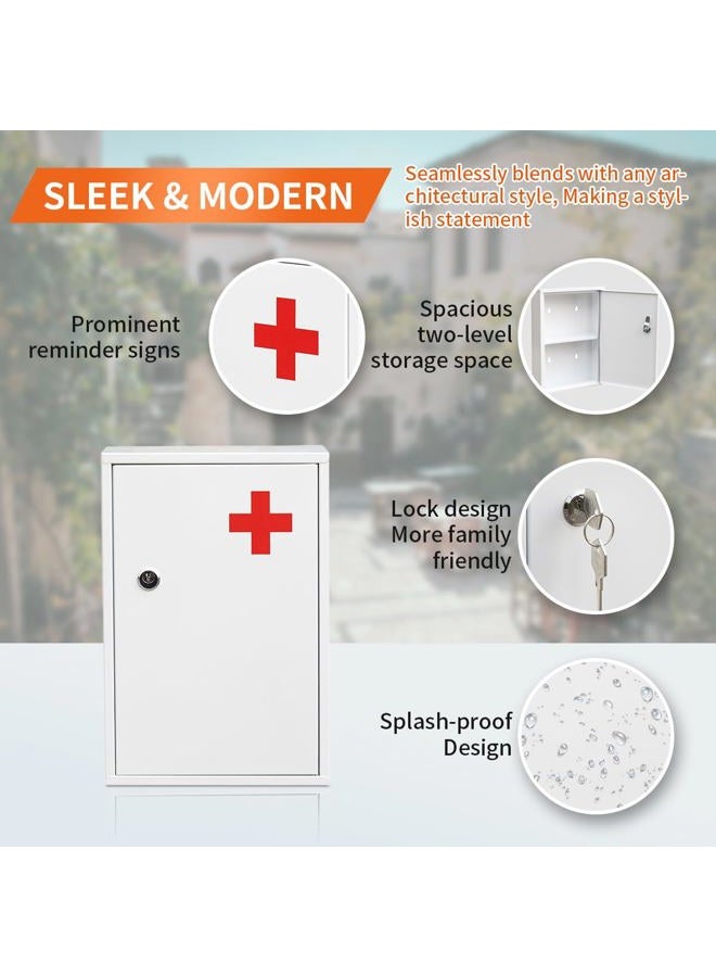 Ydocabinit Steel Wall-Mount Lockable Medical Cabinet, 2-Tier Medical Box with Key, Metal Storage Box, Medicine Organizer Secure Large Capacity, First Aid Cabinet for Bathroom School 12.59×8.46×3.14" - Image 3