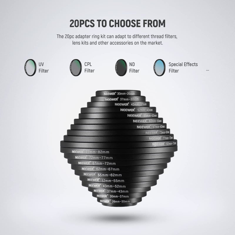 Neewer 20 Anodized Black Metal Lens Filter Adapter Rings - 10 Step Up + 10 Step Down Set - Image 2