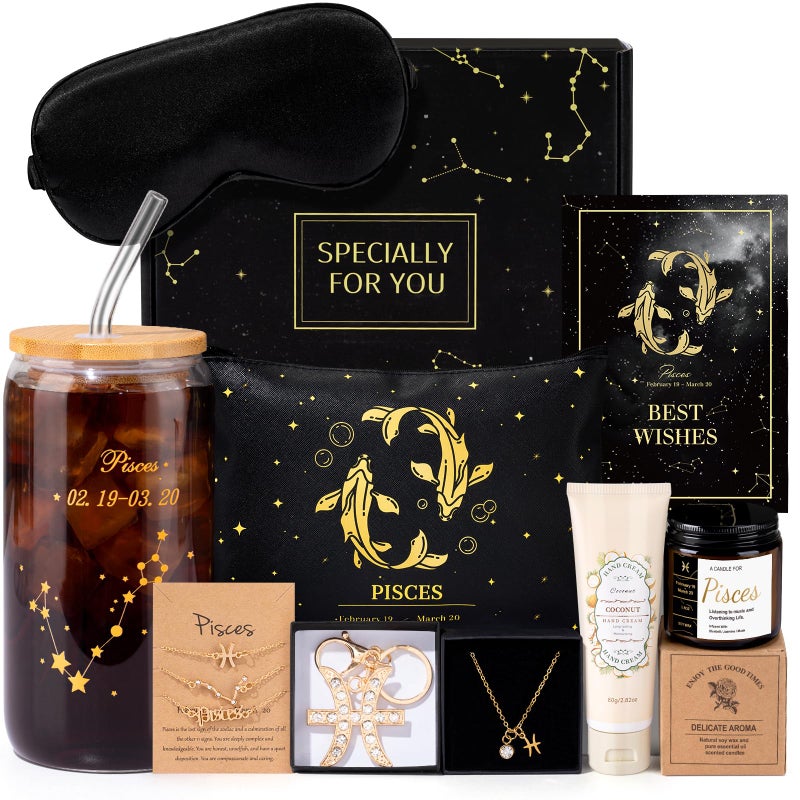GiftPeak 14PCS Pisces Birthday Gifts for Women, 12 Pisces Zodiac Gifts for Women Bakets, Get Well Gifts for Woman Friends Female Friendship, Pis Astrological 16 oz Glass Cups with Gift Set Box - Image 1