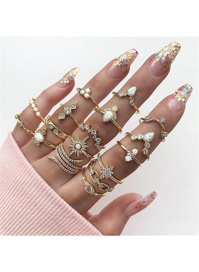 17Pcs Boho Finger Ring Set, Simple Gold Crystal Joint Knuckle Rings, Sparkling Rhinestone Stackable Ring for Women and Girls (Gold) - Image 1