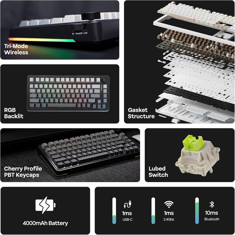 EPOMAKER EA75 75% RGB Gaming Mechanical Keyboard, 2.4GHz/Type-C/BT Creamy Wireless Keyboard with Knob, Shine Through PBT Keycaps, Hot Swappable for Gamers (Black Gradient, Graywood V3 Switch) - Image 3