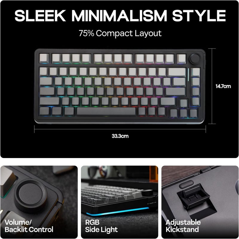 EPOMAKER EA75 75% RGB Gaming Mechanical Keyboard, 2.4GHz/Type-C/BT Creamy Wireless Keyboard with Knob, Shine Through PBT Keycaps, Hot Swappable for Gamers (Black Gradient, Graywood V3 Switch) - Image 4