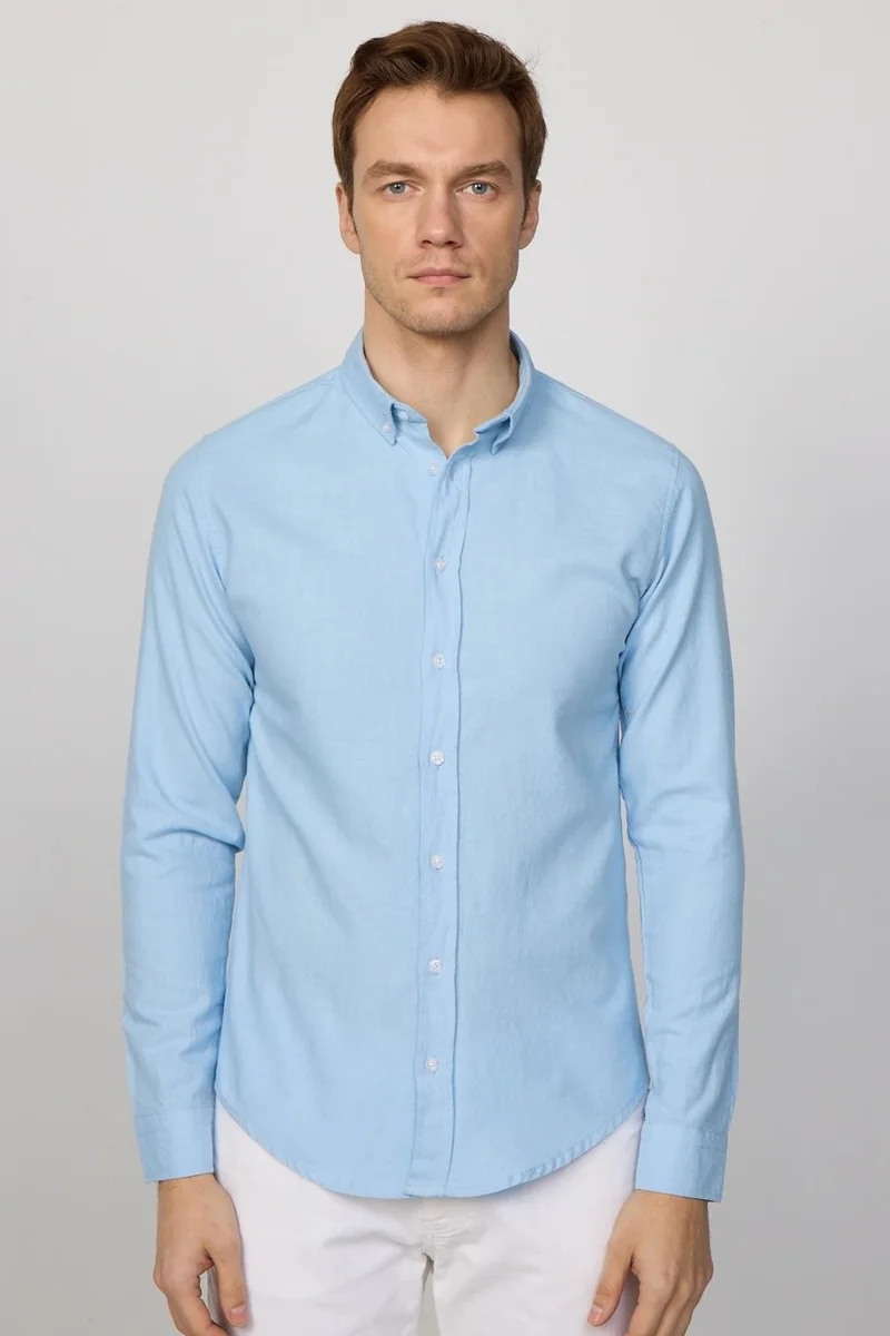 Tudors Slim Fit Long Sleeve Buttoned Collar Linen Blue Men's Shirt