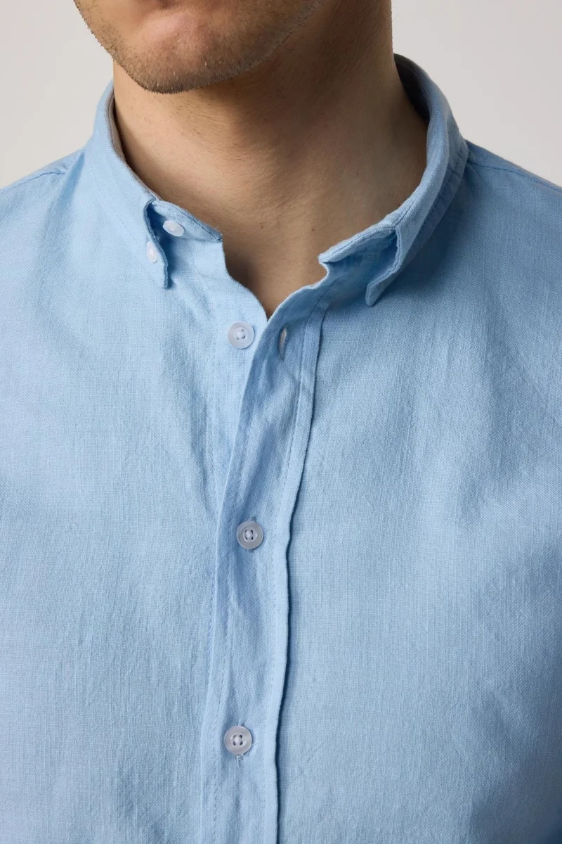 Tudors Slim Fit Long Sleeve Buttoned Collar Linen Blue Men's Shirt
