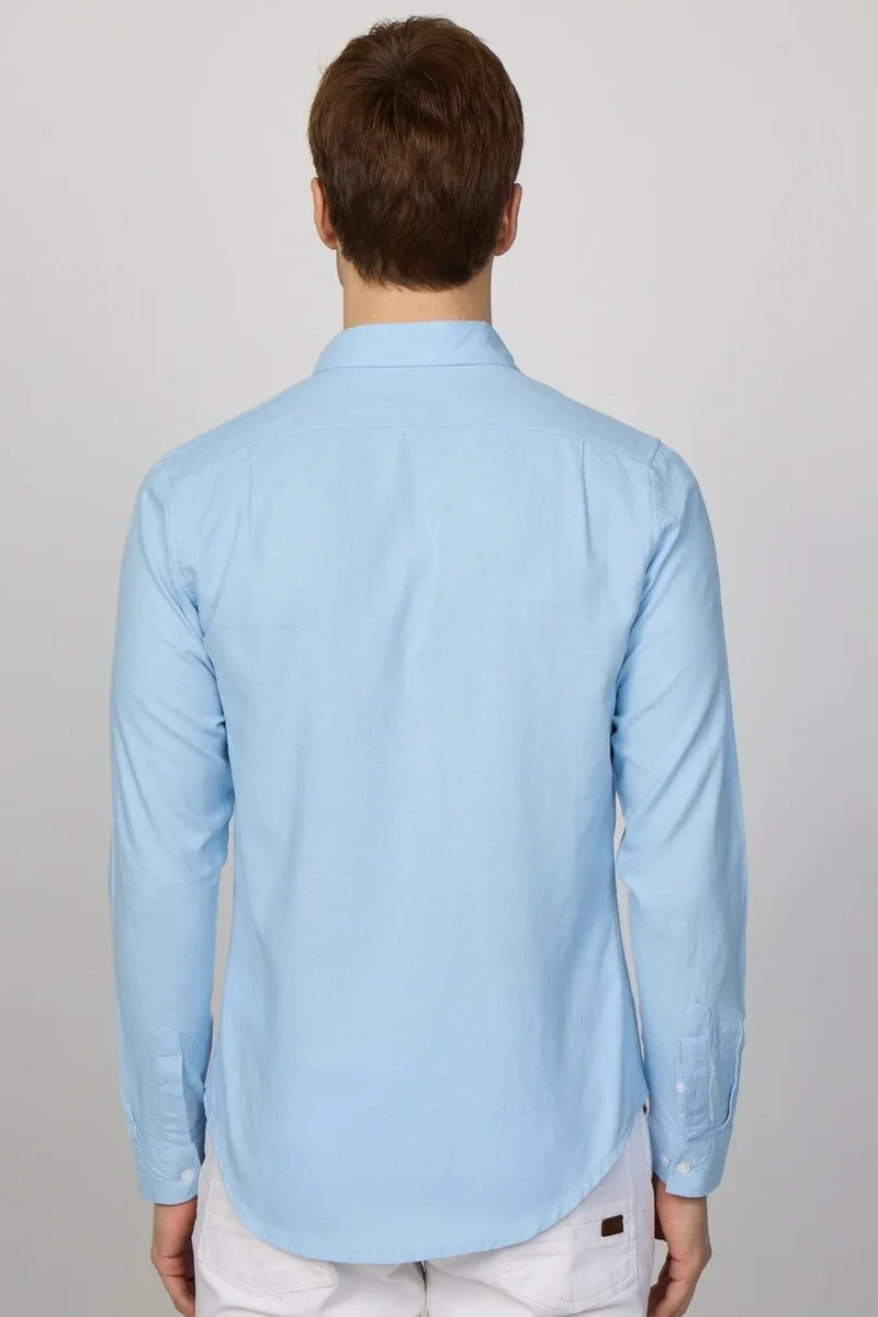 Tudors Slim Fit Long Sleeve Buttoned Collar Linen Blue Men's Shirt
