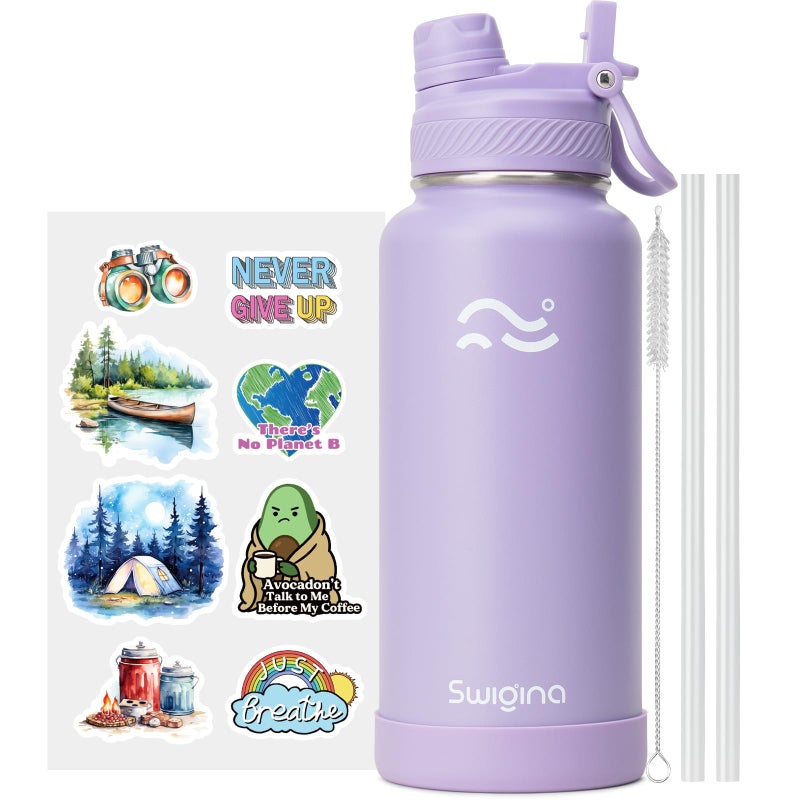 Swigina [2-IN-1 LID] Insulated Water Bottle with Silicone Boot (48hrs Cold/24hrs Hot) - DIY Stickers, Leakproof, BPA Free, 32 oz - Image 1