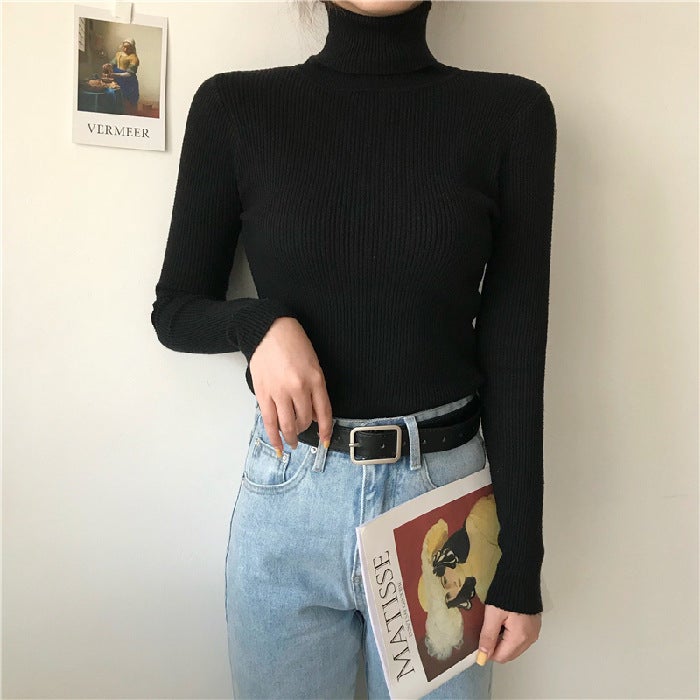 Knitted Autumn and Winter New Korean-style Black All-match High Neck Thickened Slim-fit Long-sleeved Knitted Base Shirt Women's Trendy Top - Image 1