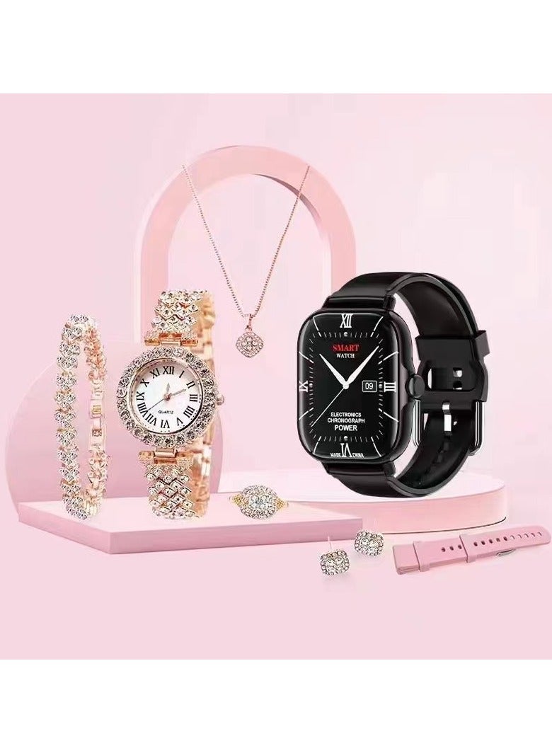 AROAQ Smart Watch A58 Plus Series Supports Bluetooth Call Ultra Long Endurance Sleep Monitoring + Additional Women's Diamond Set Small Gold Watch Necklace Ring Earrings Bracelet Set Gift Box  - Image 1