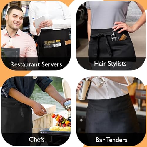 uniformer Server Aprons With 3 Pockets - Waist Apron, Waitress Apron For Women And Man, Water Resistant With Long Waist Strap Reinforced Seams, Half Apron (2 Pack of Black) - Image 2