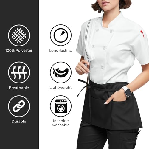 uniformer Server Aprons With 3 Pockets - Waist Apron, Waitress Apron For Women And Man, Water Resistant With Long Waist Strap Reinforced Seams, Half Apron (2 Pack of Black) - Image 5