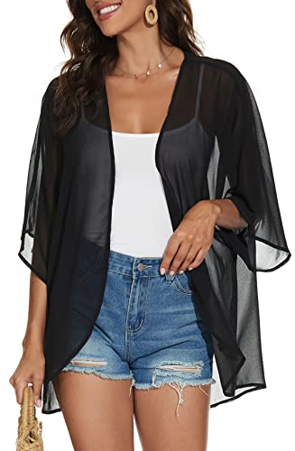 CHICGAL Women Summer Tops Kimono Cardigans Sheer Beach Cover Ups Chiffon Open Front Shirts （Black,2XL - Image 1
