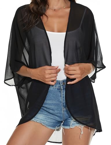 CHICGAL Women Summer Tops Kimono Cardigans Sheer Beach Cover Ups Chiffon Open Front Shirts （Black,2XL - Image 4
