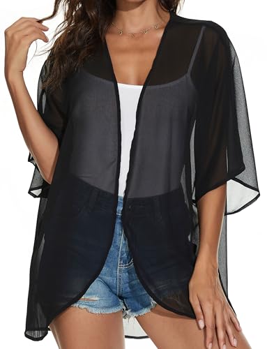 CHICGAL Women Summer Tops Kimono Cardigans Sheer Beach Cover Ups Chiffon Open Front Shirts （Black,2XL - Image 2