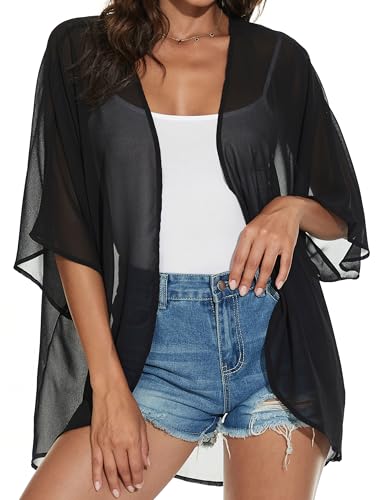 CHICGAL Women Summer Tops Kimono Cardigans Sheer Beach Cover Ups Chiffon Open Front Shirts （Black,2XL - Image 5