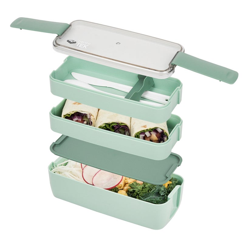Restaurantware Bento Tek 30 Ounce Bento Box 1 Stackable 3 Compartment Lunch Container With Fork And Knife Does Not Contain BPA Green Plastic Reusable Lunch Box Microwavable Dishwashable
