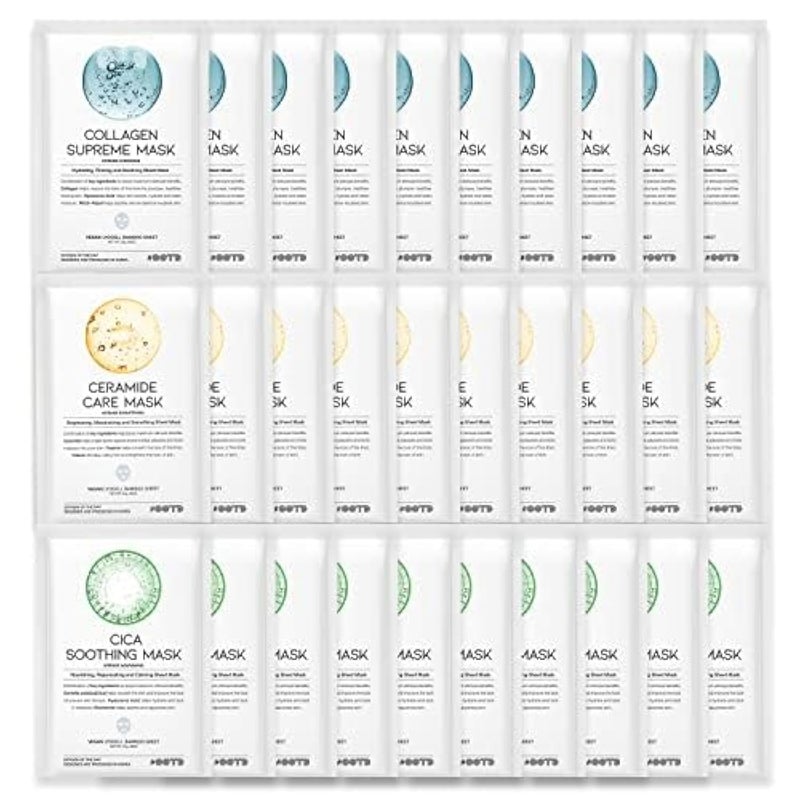 OOTD Hydrating Soothing Sheet Masks Gift Set for Skincare Korean Vegan Sheet Mask for Dry Sensitive Skin Calming Smoothing Brightening Collagen Ceramide Cica Hyaluronic Acid 30EA