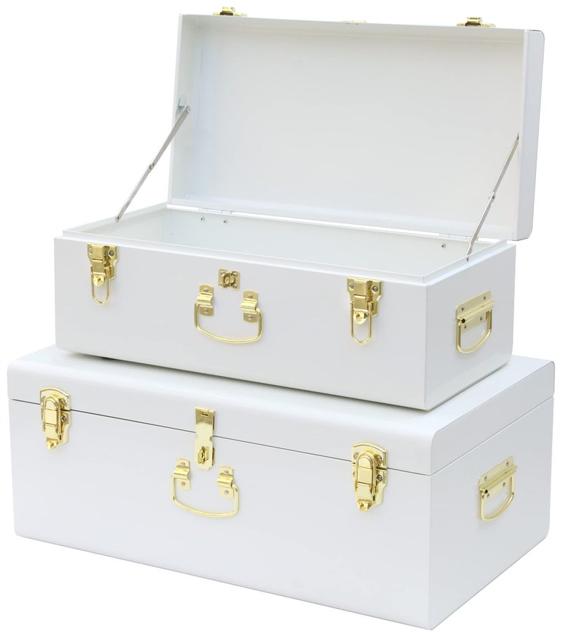 Vixdonos Vixdonos Decorative Metal Box Storage Trunks Set of 2 College Dorm Chest with Lock Hole237X142X95 InchesWhite 