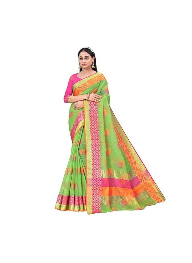 Accessorize Kingdom - Women's Embroidered Cotton Linen Silver Zari Patta Saree With Unstitched Blouse Piece - Image 1