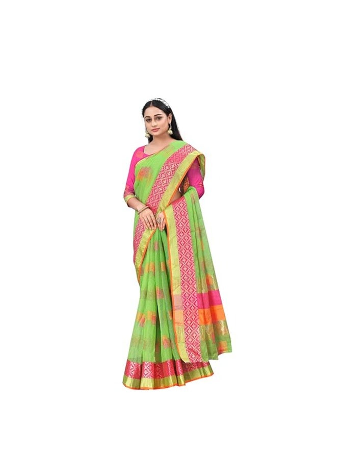 Accessorize Kingdom - Women's Embroidered Cotton Linen Silver Zari Patta Saree With Unstitched Blouse Piece - Image 1