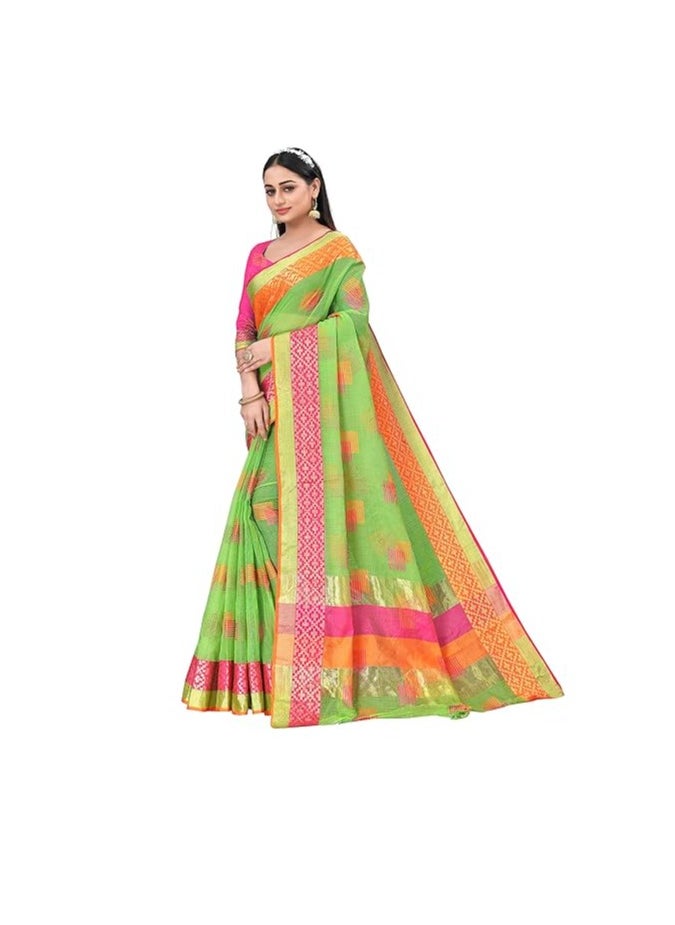 Accessorize Kingdom - Women's Embroidered Cotton Linen Silver Zari Patta Saree With Unstitched Blouse Piece - Image 1