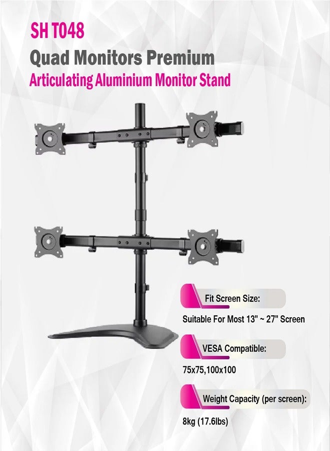 Skill Tech Skilltech SH T048 Quad 4 Monitor Freestanding Desk Stand for 13"-27" Screens | Heavy-Duty 8kg/Screen Capacity | Full Motion Tilt/Rotate | 818mm Pole - Image 4
