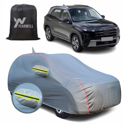 YEARWELL Car Body Cover for Hyundai Creta, 100% Waterproof, Heat-Resistant with Mirror & Antenna Pockets, Soft Cotton Lining, Triple Stitched, Green Reflector (Metallic Grey) - Image 1