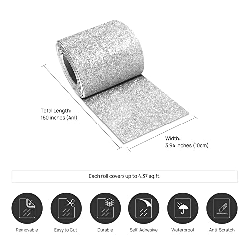 Stickyart Silver Wallpaper Border Self Adhesive Sparkle Wall Borders Peel and Stick Removable Glitter Fabric Wallpaper Border Decorative Bedroom Living Room Walls Crafts Bulletin Boards 3.94"x160" - Image 2